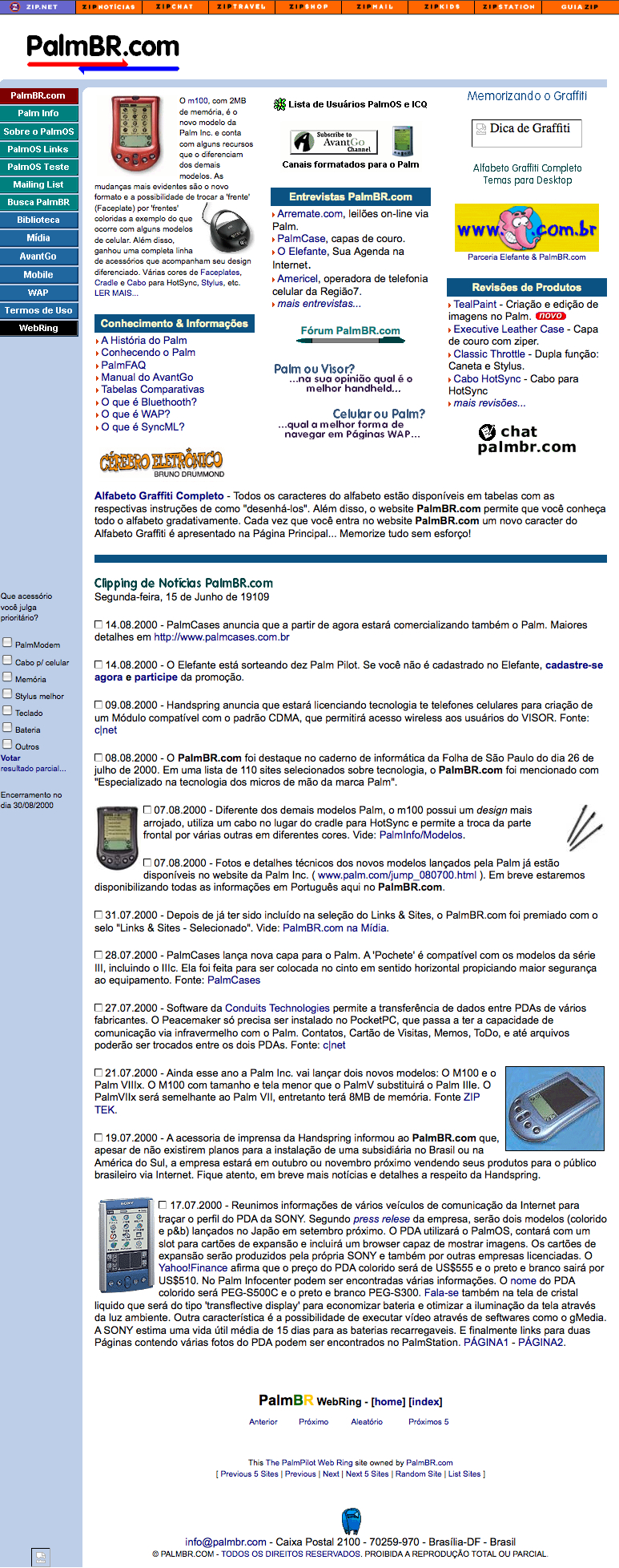 Auto-generated description: Página de um site antigo com informações sobre Palm, incluindo notícias, produtos e um cardápio de navegação.