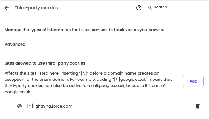 Screenshot showing 3rd party cookies enabled for all lightning.force.com domains