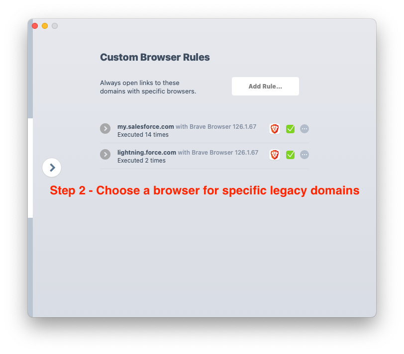 Screenshot showing Bumpr's preferences with Salesforce domains configured to use the Brave browser