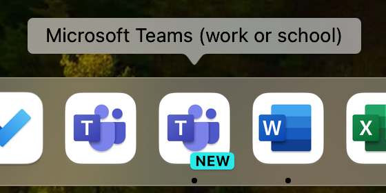 Screenshot showing the Teams icon with a 'New' label permanently burned into it and the clunky app name 'Microsoft Teams (work or school)'