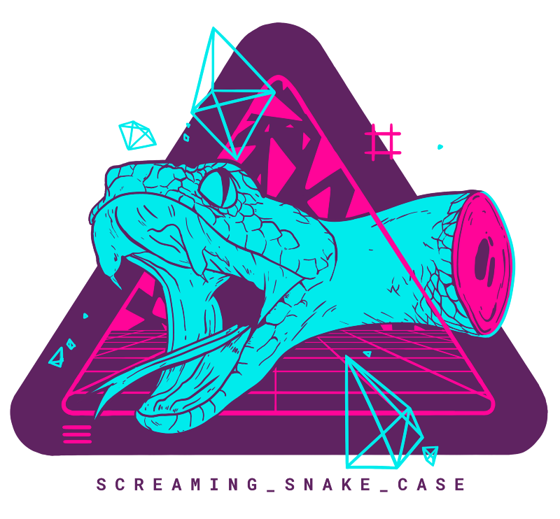 SCREAMING_SNAKE_CASE retro vapour wave style neon blue snake head with dark purple background and pink neon grid