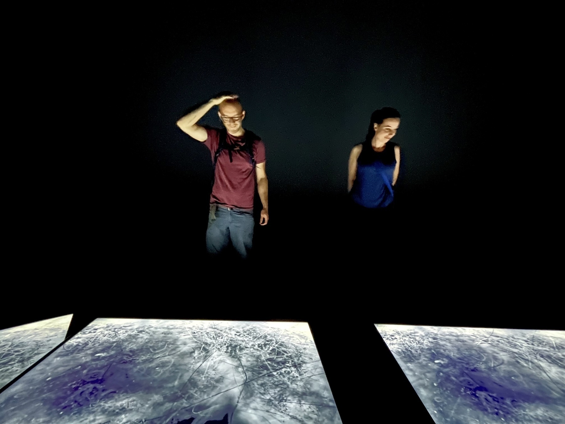 Adrian and Paulina view Herman Kolgen’s piece “Dust Surface” with 4 screens laid flat showing black and white images over a 10 minute loop.