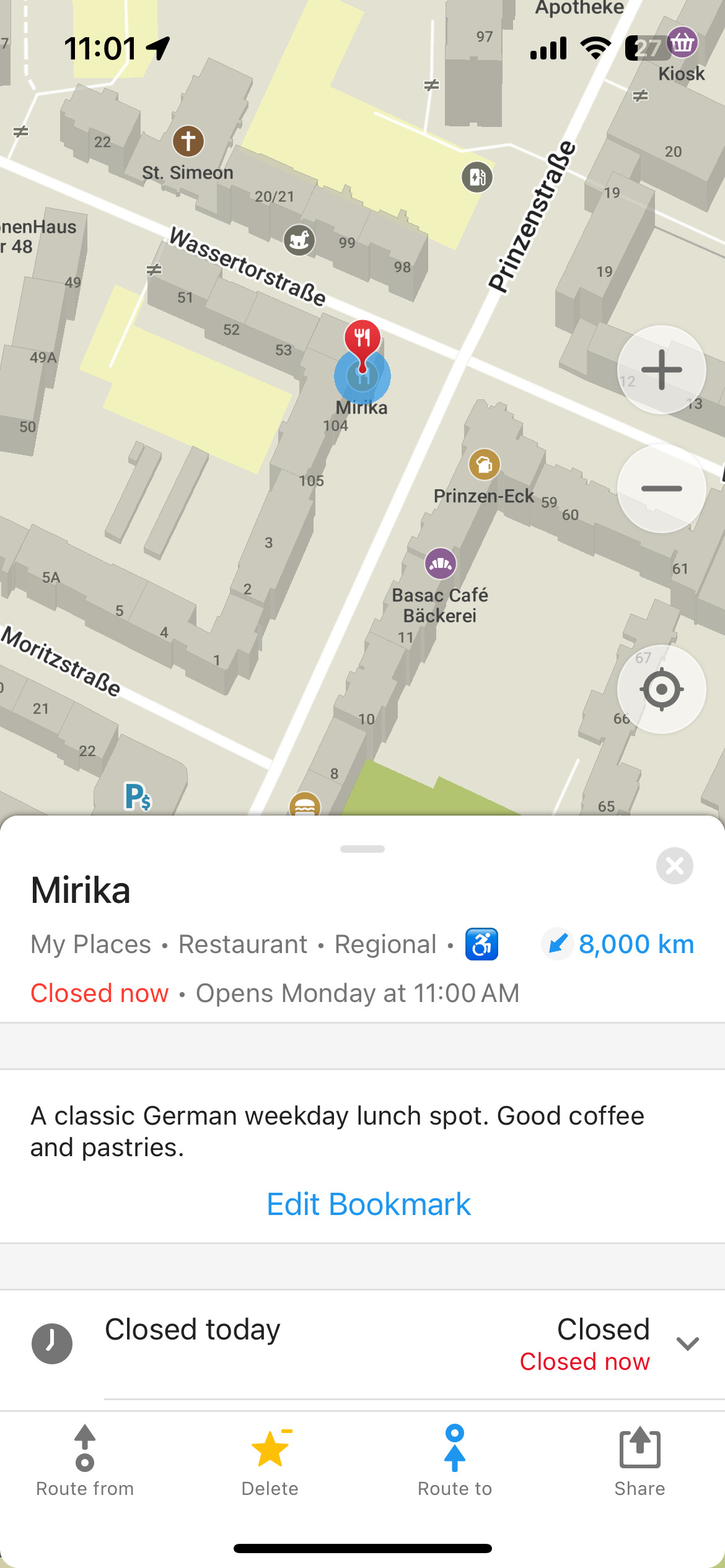 Screenshot of iOS Organic Maps, offline Open Street Map&10;&10;This is a bookmark I have for Mirika, a cafe in Berlin, Germany 