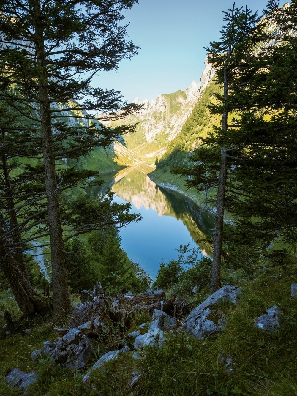 A tranquil lake is nestled between towering mountains and lush green forests, reflecting the clear blue sky above.
