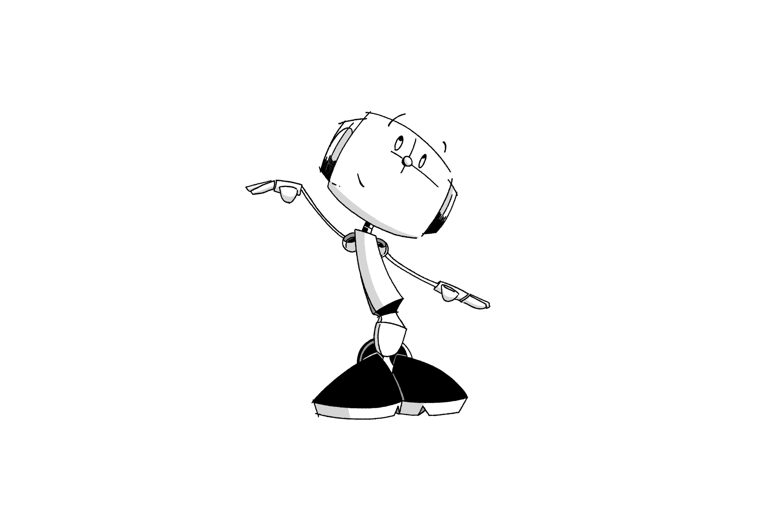 Auto-generated description: A stylized black-and-white cartoon robot is looking at its hand against a plain background.