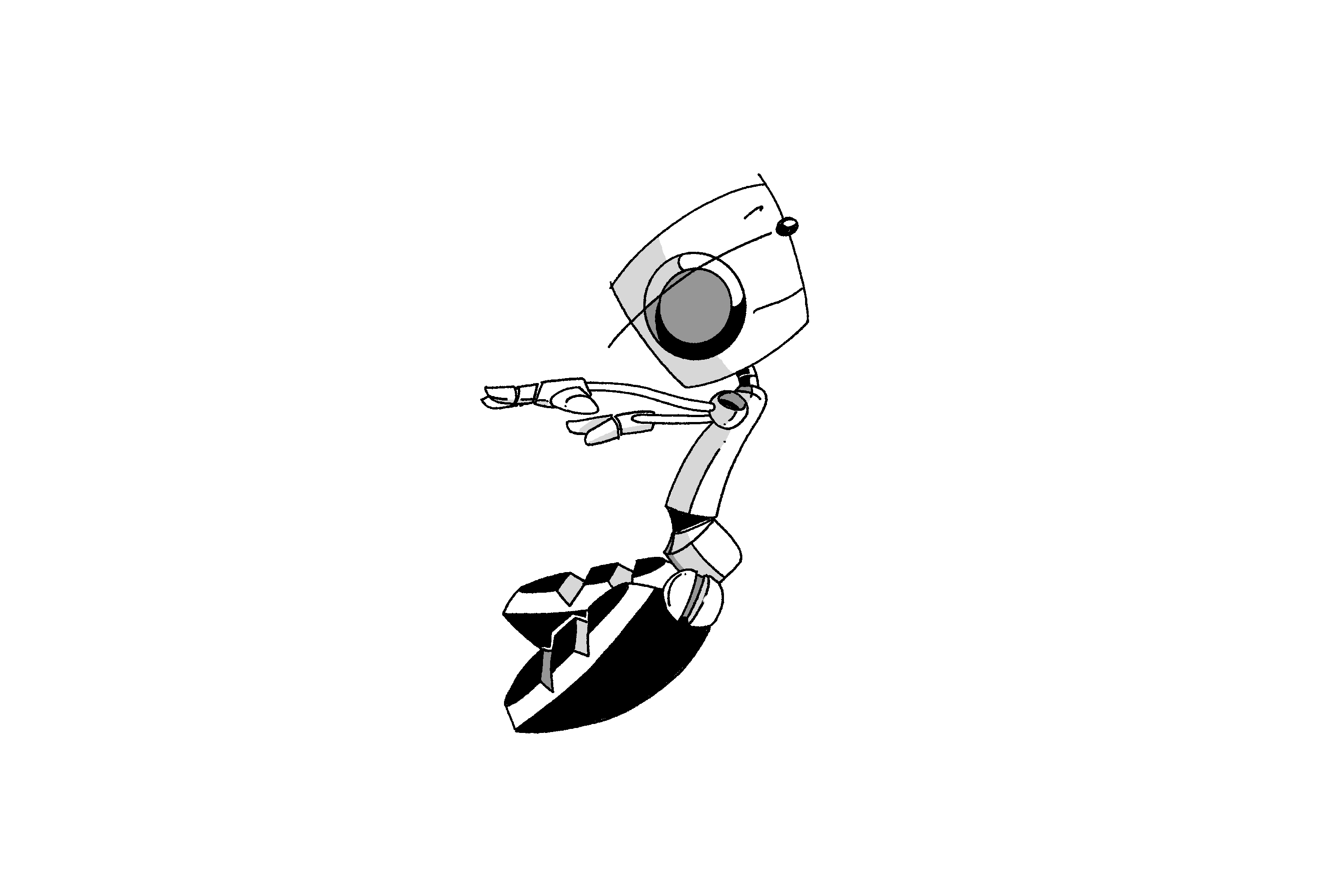 Auto-generated description: A stylized, monochrome robot with a round head and segmented limbs appears against a black background.