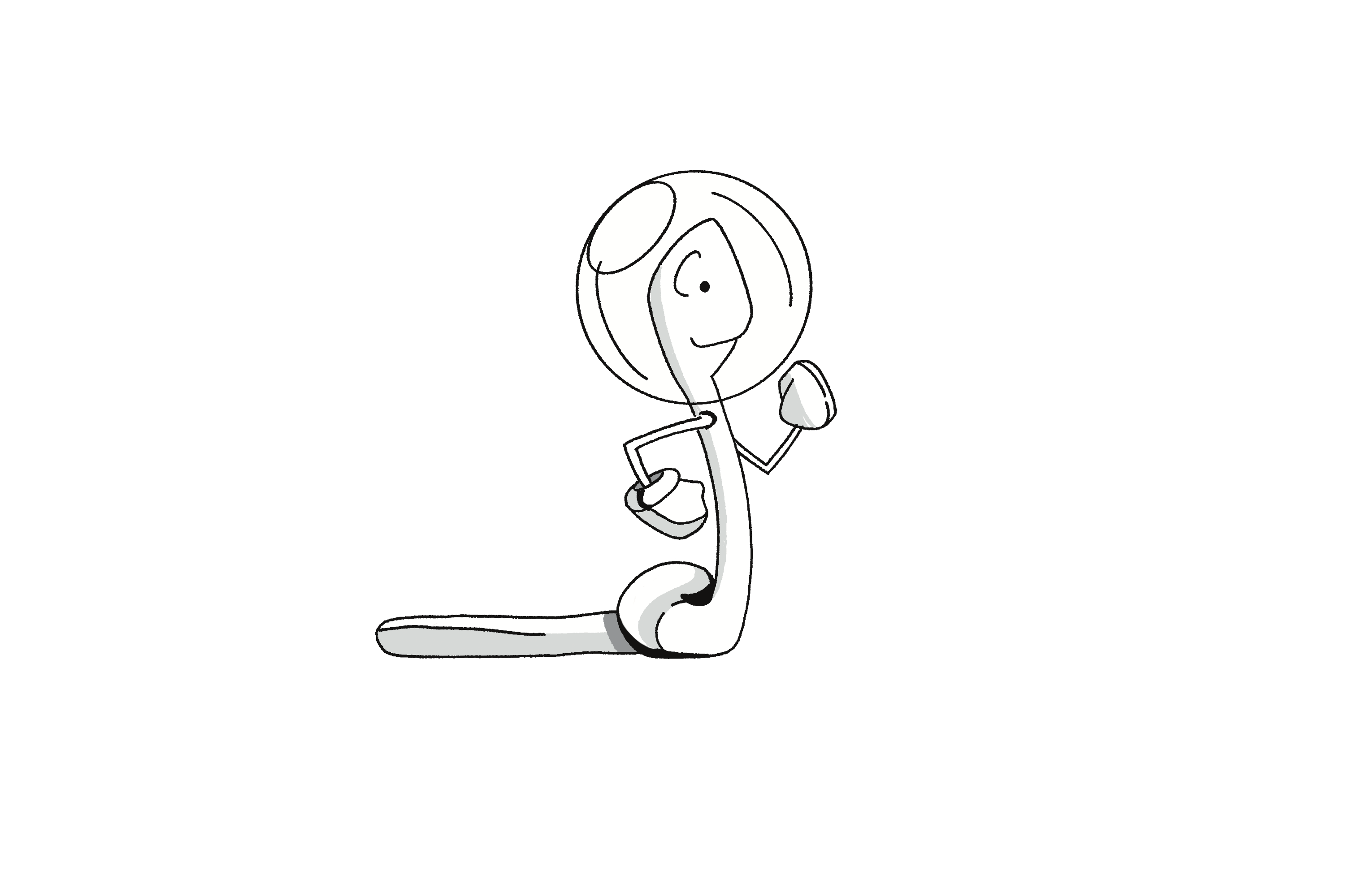 A simple, cartoonish character with a round head and line body is sitting against a black background.
