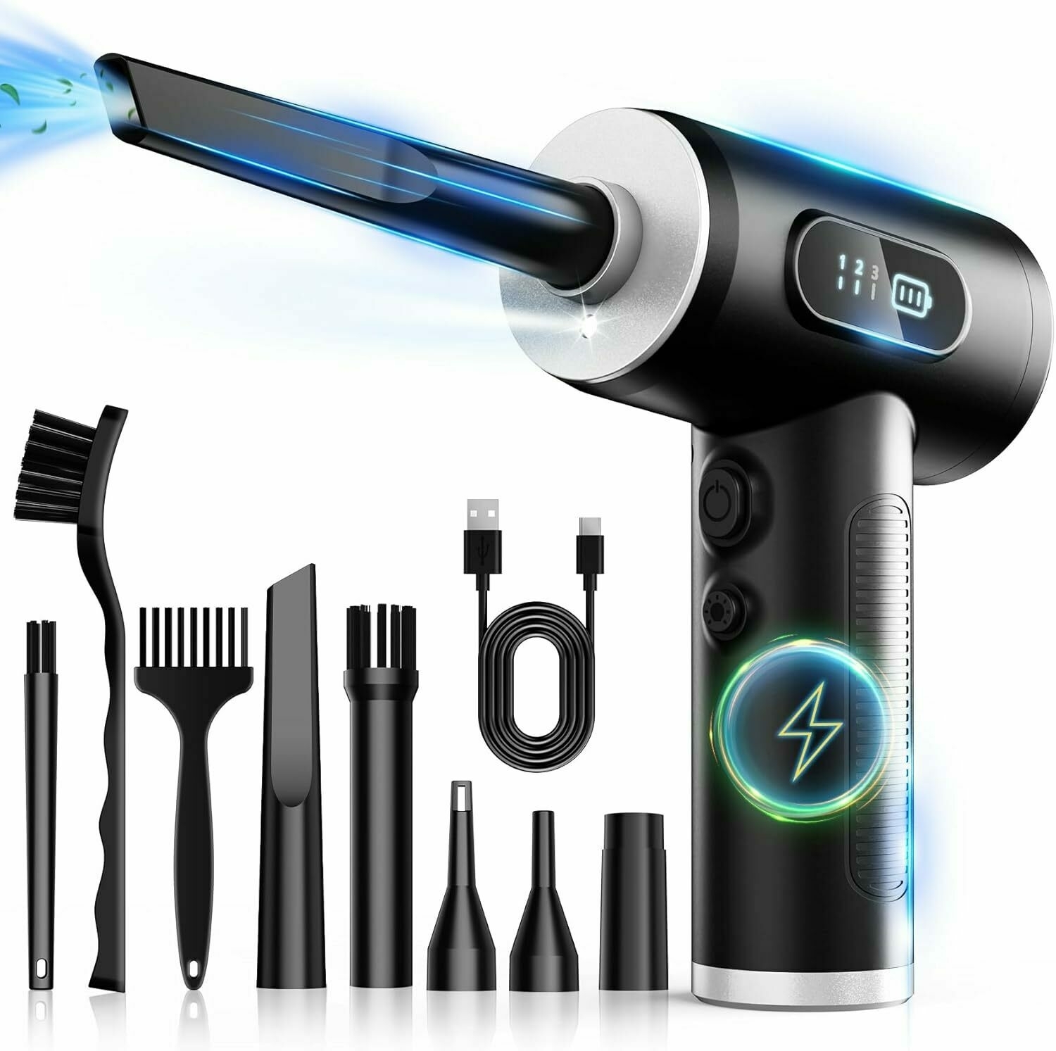 Auto-generated description: A handheld electric air blower comes with various accessories including nozzles, brushes, and a USB charging cable.