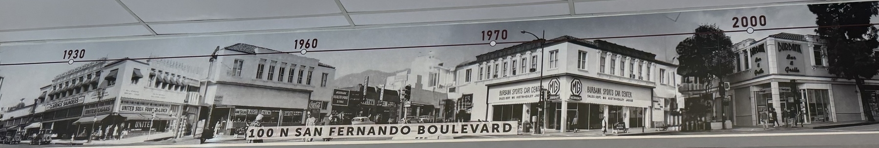 A timeline mural showing the evolution of buildings on San Fernando Boulevard from 1930 to 2000.