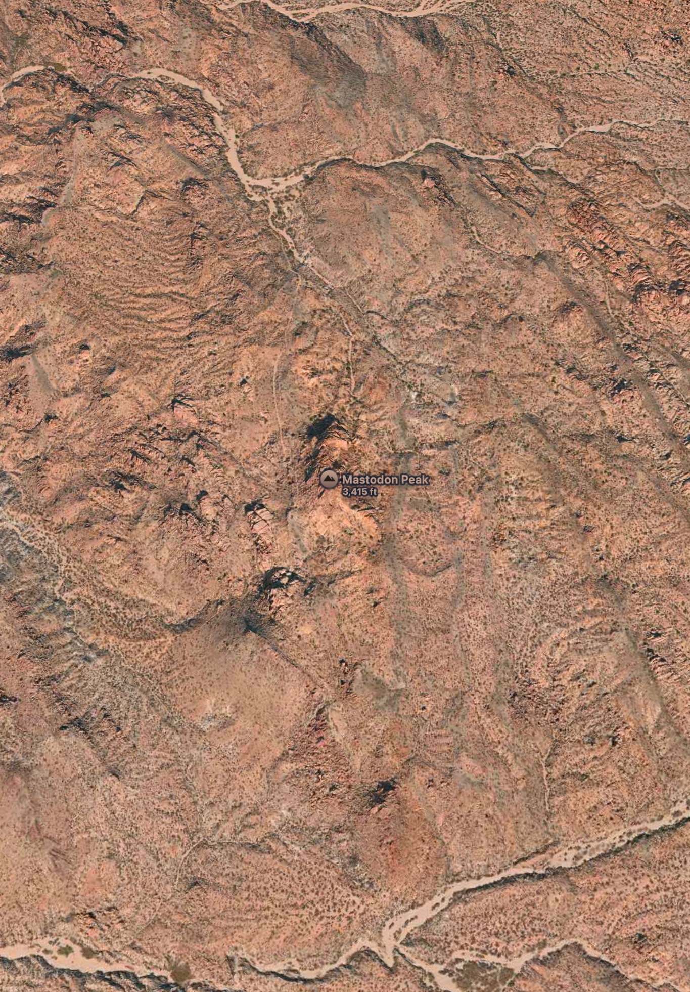 An aerial view of a rocky desert landscape with sparse vegetation shows a marked location labeled Mastodon Peak.