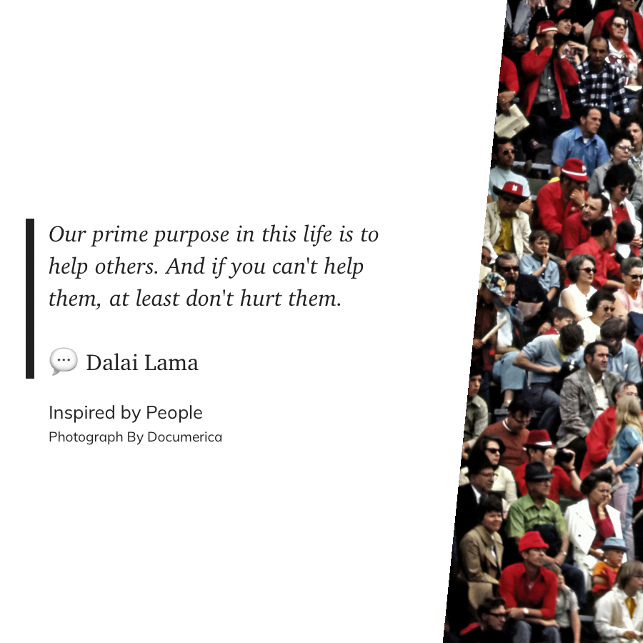 A quote by the Dalai Lama is featured on the left side, accompanied by a dense crowd of people on the right.