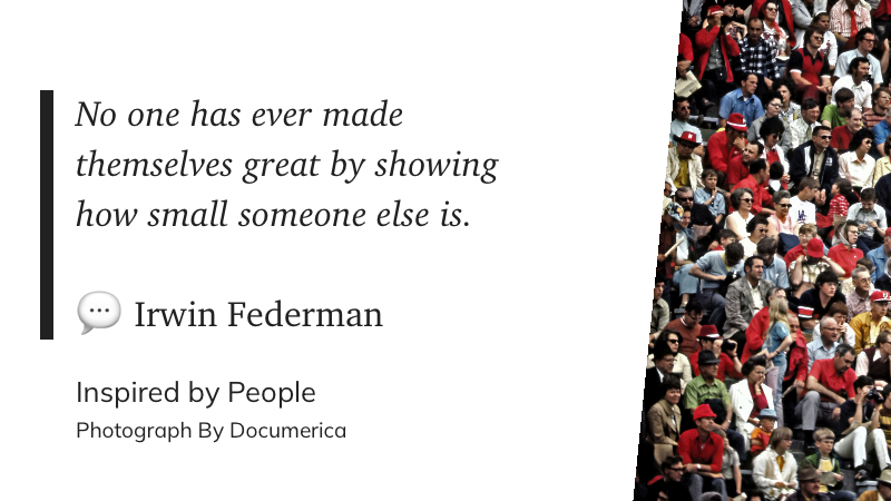 A quote by Irwin Federman is displayed alongside a photograph of a large, diverse crowd.