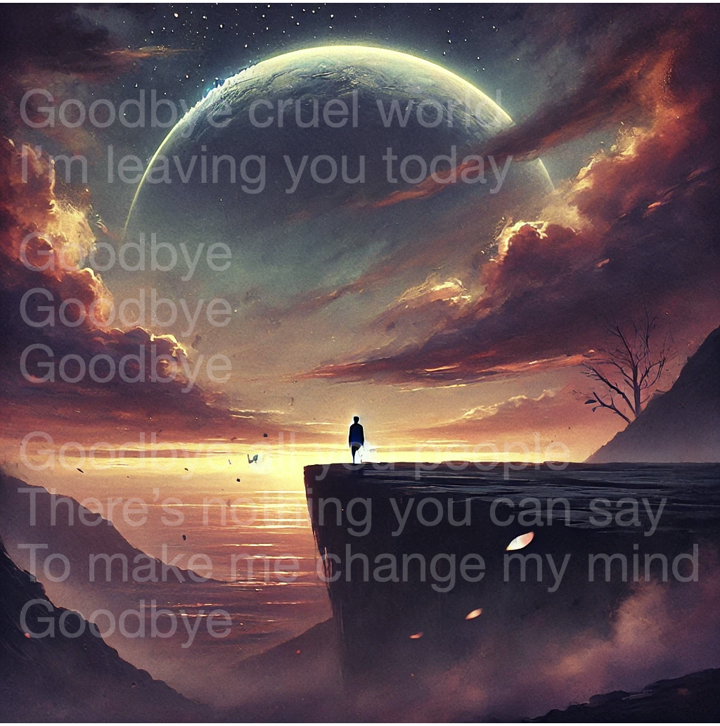 Goodbye cruel world, I’m leaving you today, Goodbye, Goodbye, Goodbye. Goodbye all you people, There’s nothing you can say, To make me change my mind. Goodbye