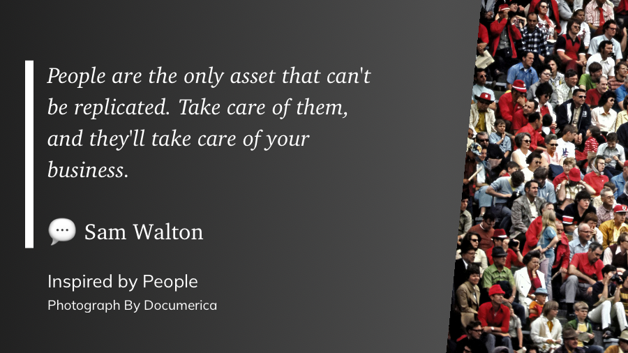 A quote by Sam Walton about the value of people is displayed beside a photograph of a crowded audience.