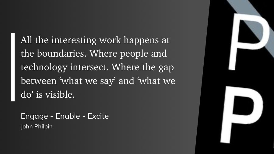 All the interesting work happens at the boundaries. Where people and technology intersect. Where the gap between 'what we say and 'what we do' is visible.
