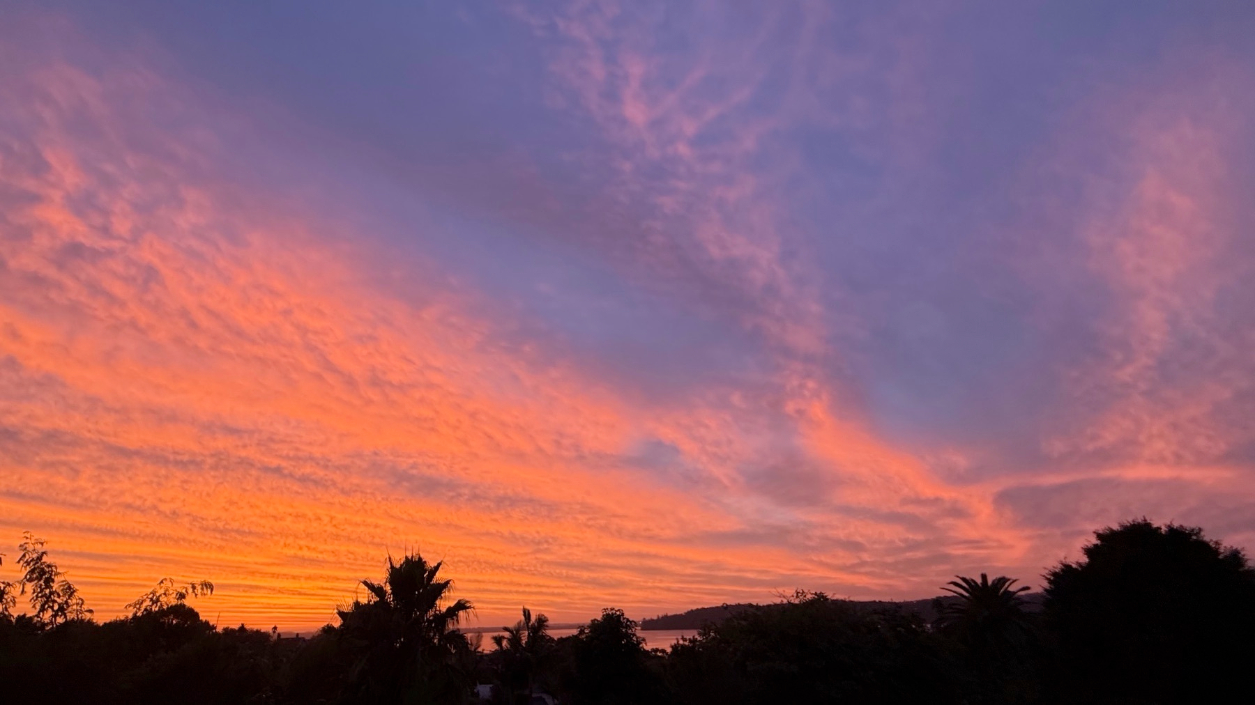 A vibrant sunset sky displays a mix of pink, orange, and purple hues over a silhouette of trees and distant hills.