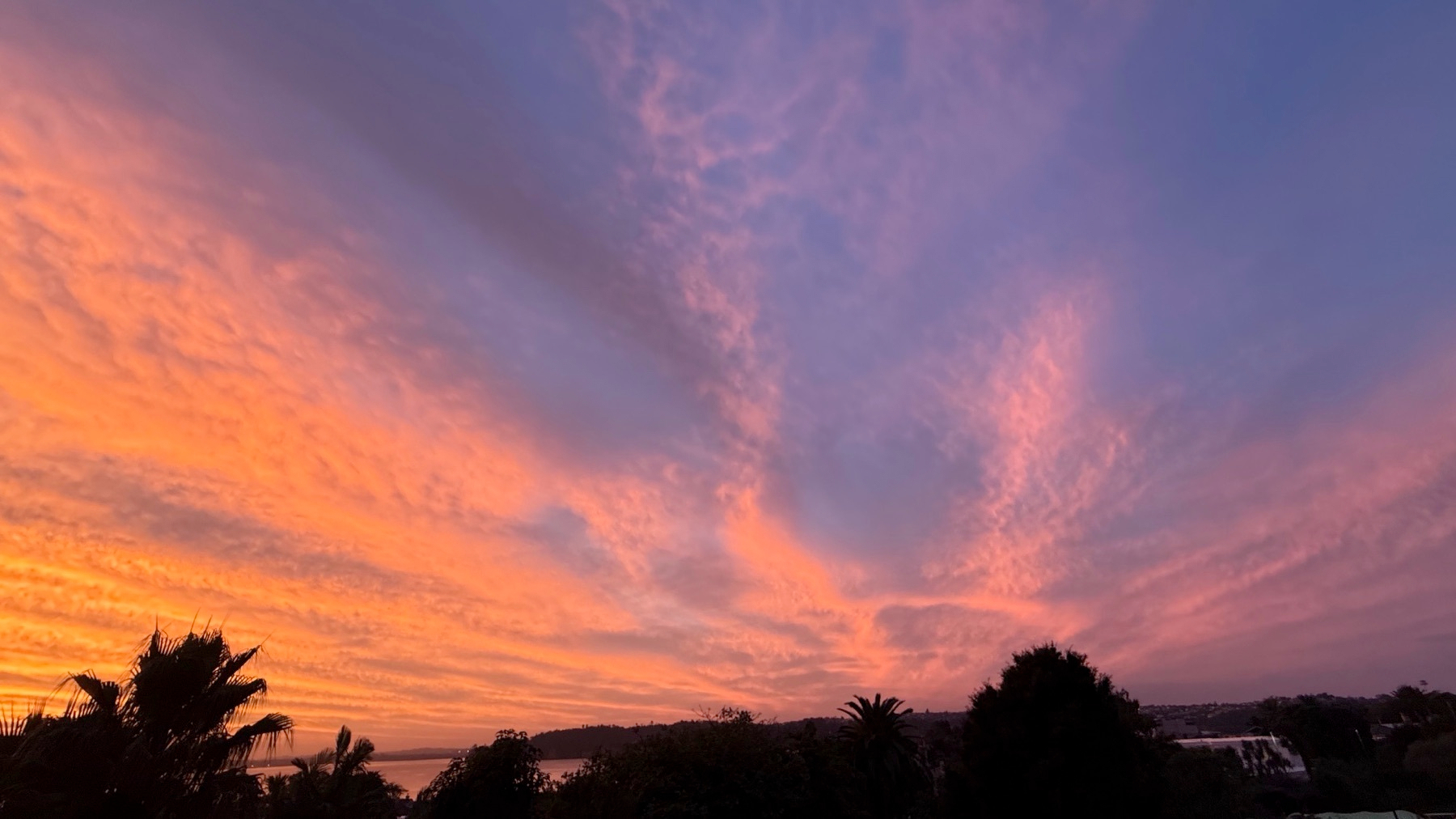 A vibrant sunset sky displays hues of orange, pink, and purple above a silhouetted landscape with trees.