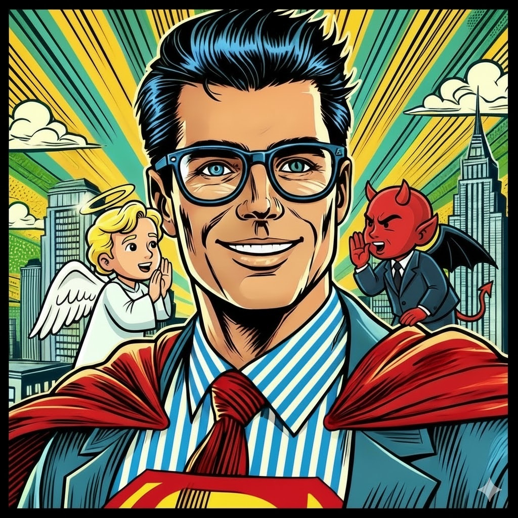 Auto-generated description: A superhero with glasses is torn between an angel and a devil in a comic book style city backdrop.