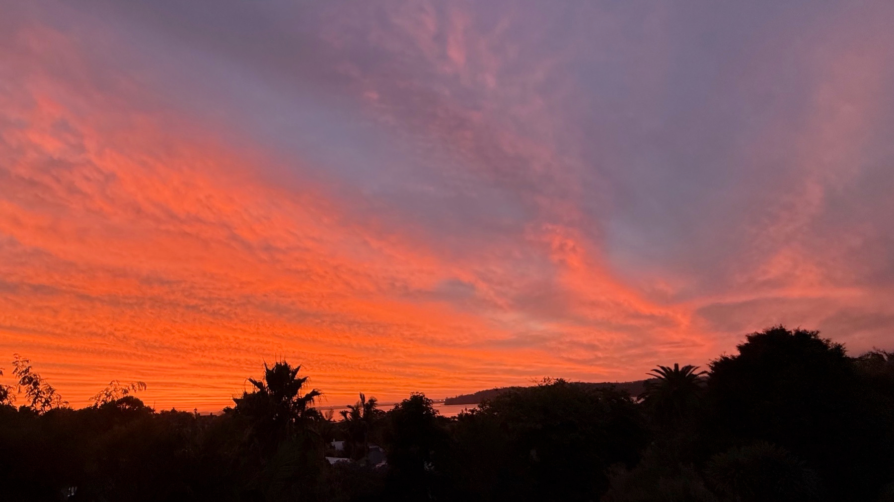 A stunning sunset paints the sky with vibrant hues of orange and pink above a silhouetted landscape.