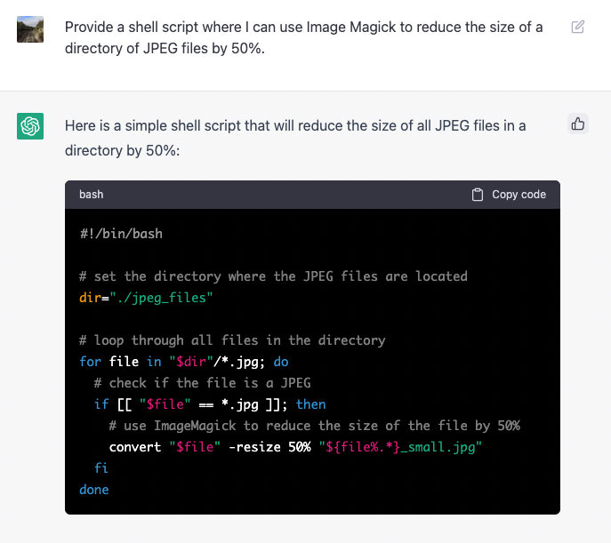 A ChatGPT session where I ask for a script that reduces the size of JPEG files in a directory.