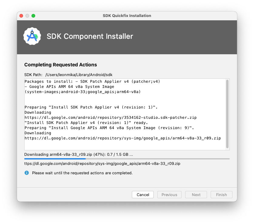 The Android SDK Component Installer window showing installation of an emulator image at 47% through the download