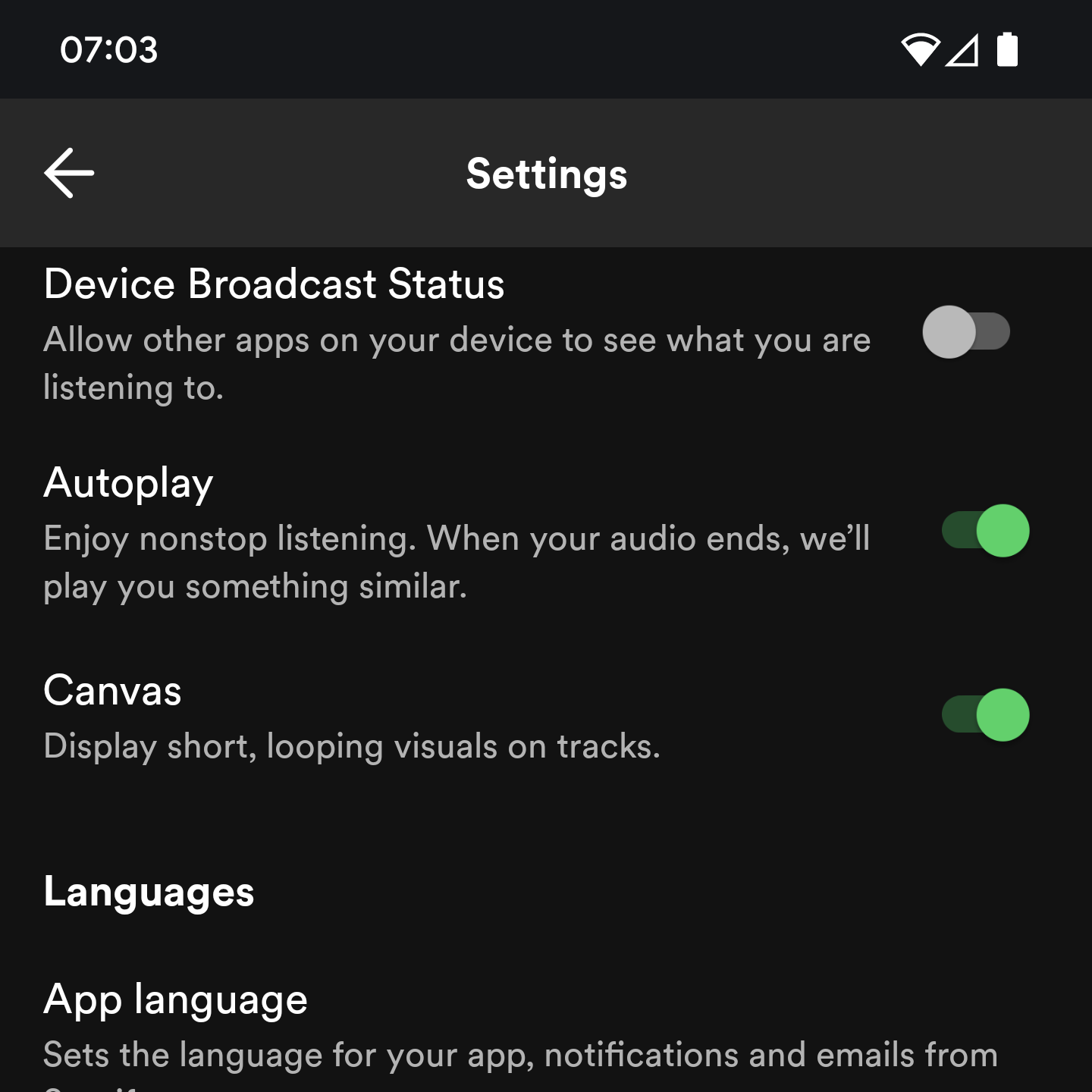 Spotify preference screen with the toggle for Canvas visualisations enabled