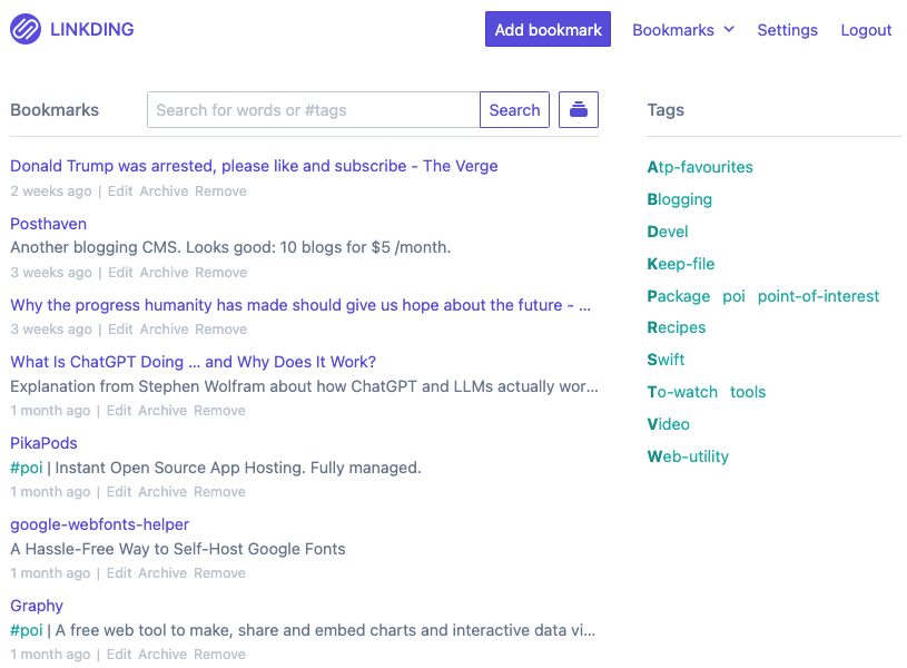 Screenshot of the main page of Linkding with a list of bookmarks on the left and tags on the right