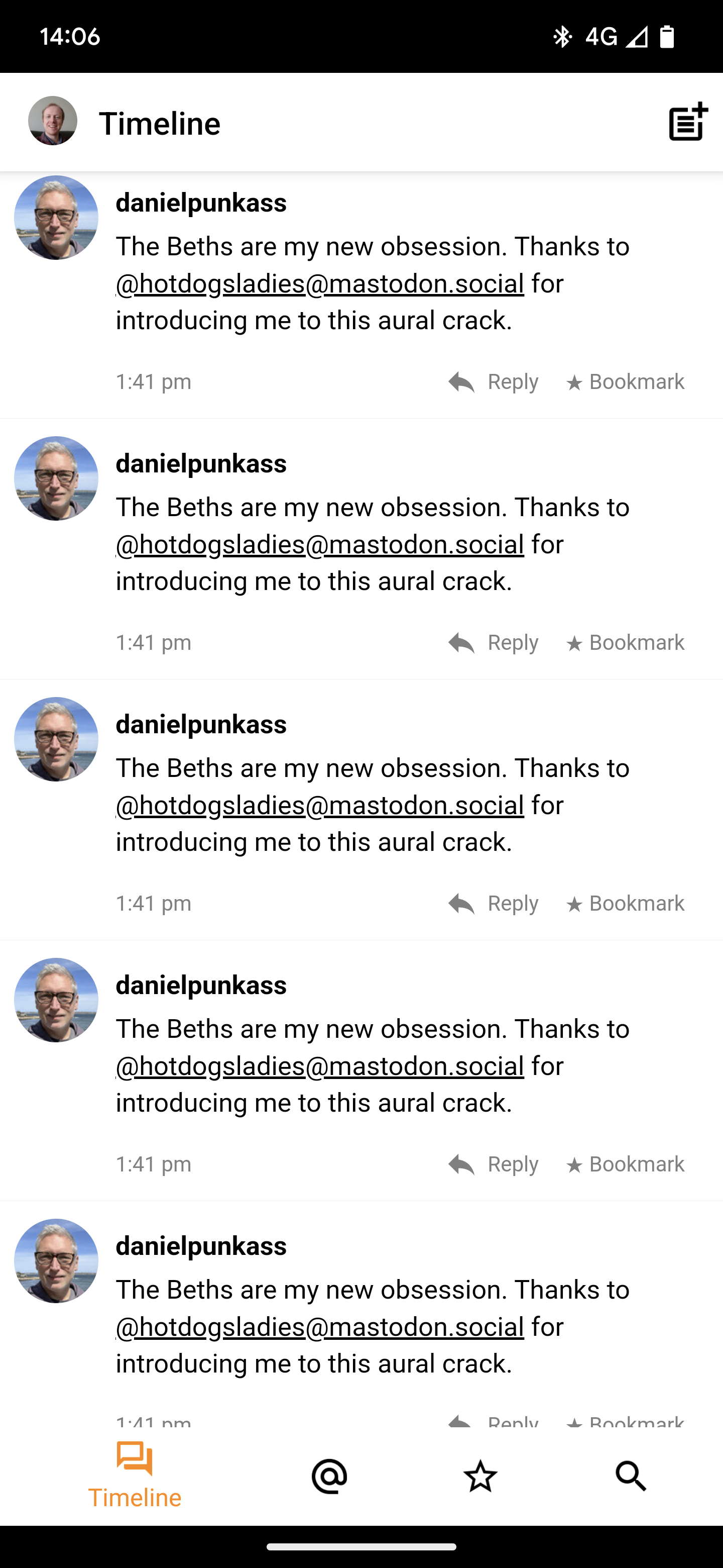 Multiple entries in the Micro.blog timeline of danielpunkass post about the Beths being his new obsession.
