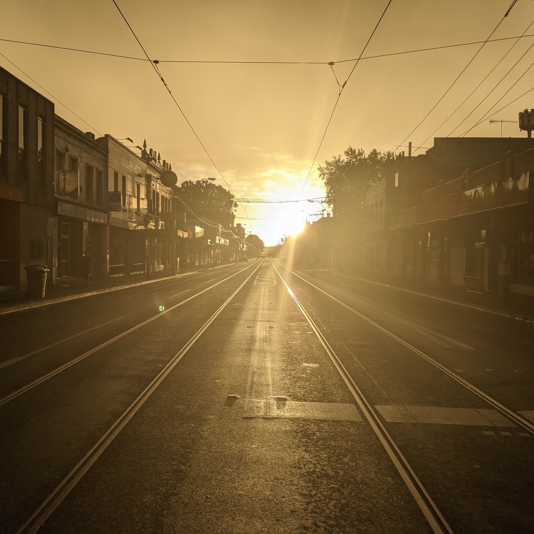 Sun rising on a road with buildings on the sides and tram lines down the center