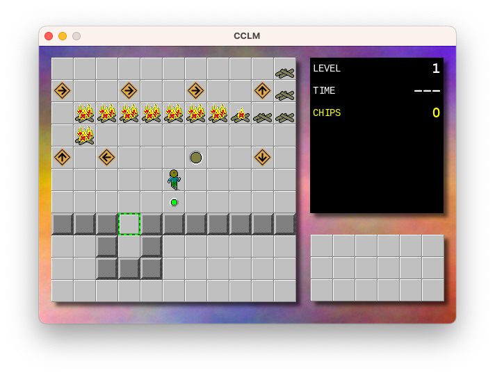 A screenshot of CCLM with kindling tiles catching alight and spreading to adjacent kindling tiles