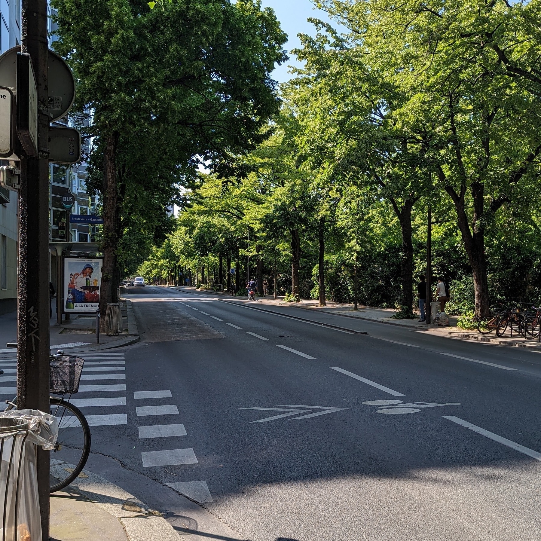 A shady Parisian street with few cars and people