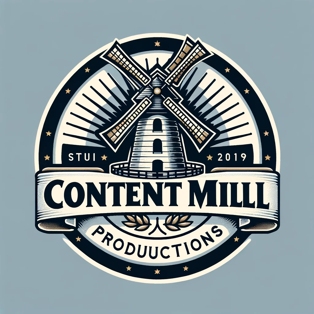 Generated DALL-E image of a logo for a fake organisation. Prompt: A corporate logo for 'Content Mill Productions'. The logo features an old-fashioned windmill, representing tradition and history, as the central element. Surrounding the windmill is a prominent banner with the studio's name 'Content Mill Productions' in a clear, professional font. The design is modern yet classic, combining elements of both to create a unique and memorable logo. The color palette is sophisticated, with a blend of navy blue, white, and a touch of gold to add a hint of elegance. 