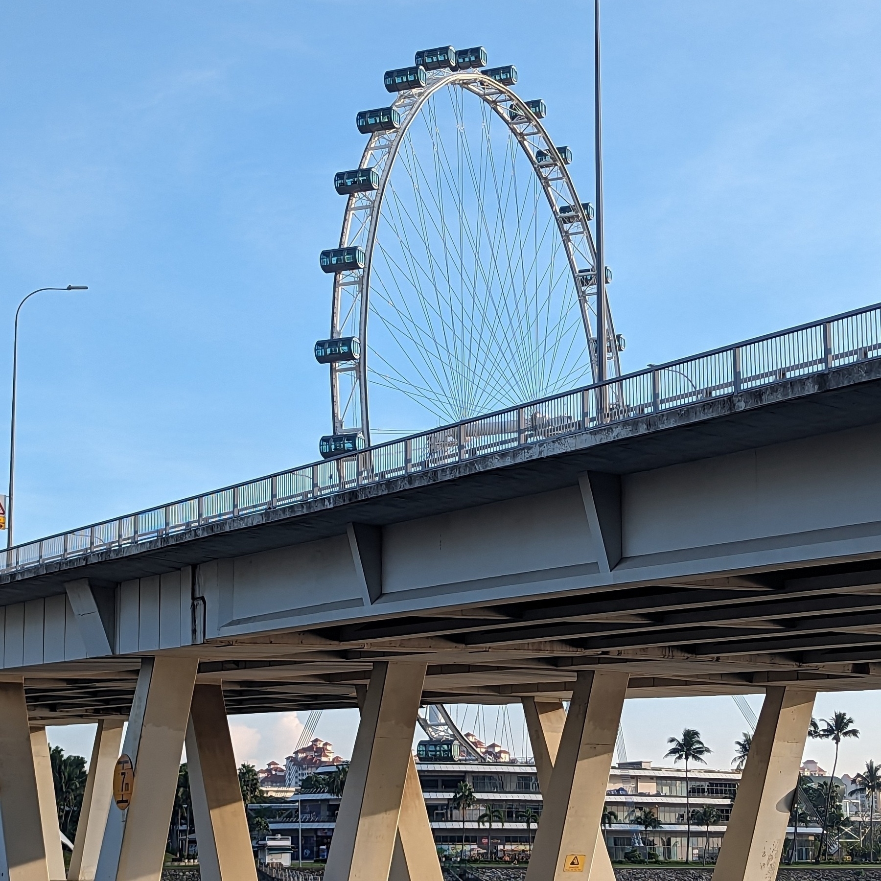 Singapore Flyer behind a road bridge with support piers shaped like a V.