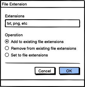 Wireframe of dialog, with two fields. The top field a text field with the label file extensions, and the bottom three radio buttons: add to existing file extensions, remove from existing file extensions, and set to existing file extensions.