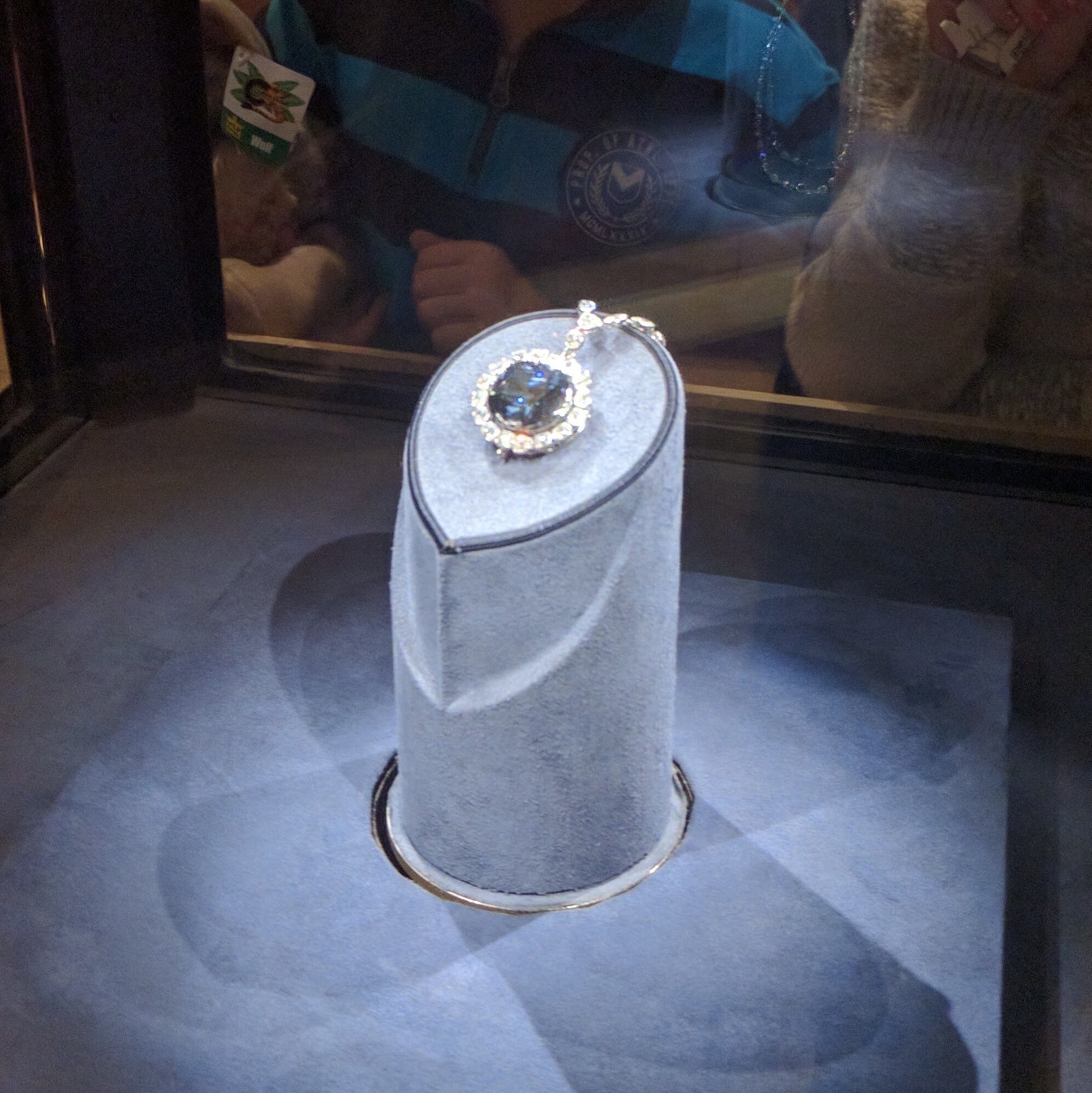 The Hope Diamond, a small diamond in a pendent under a glass cabinet