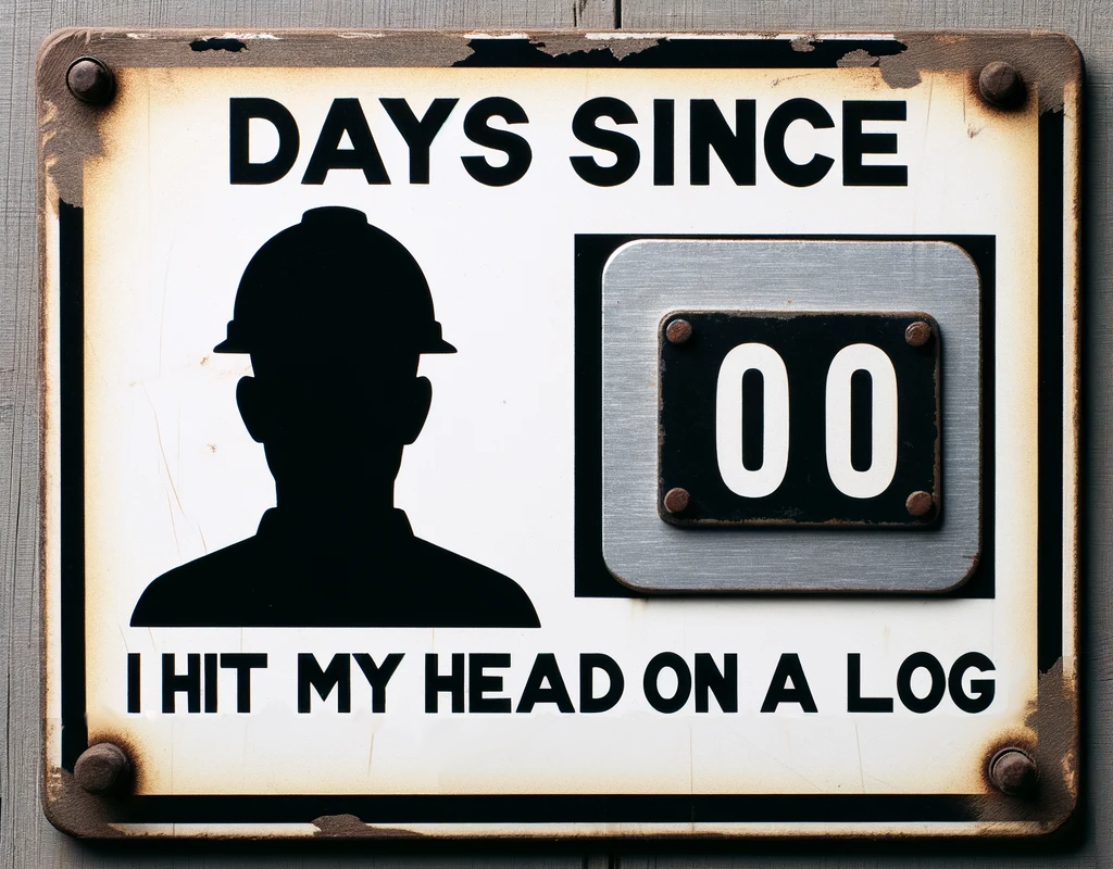 A slightly modified DALL-E image. Prompt: an old industrial sign, like one seen in a factory. The sign should have an icon of a person with a hard hat on in silhouette. To the right should be black text days since I hit my head on a log. Below that is a metal card with the number zero. The zero be made to look like it's removable, like it's on metal pegs.