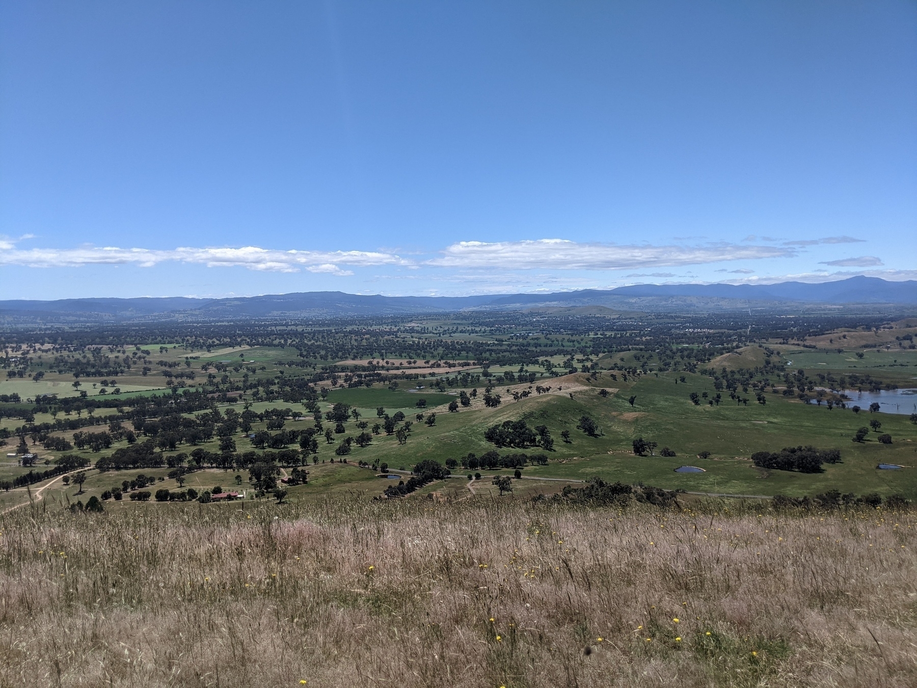 A panoramic view from the Paps, a high hill, of rolling hills dotted with trees and in the distance mountain range. There is a dam on the right.