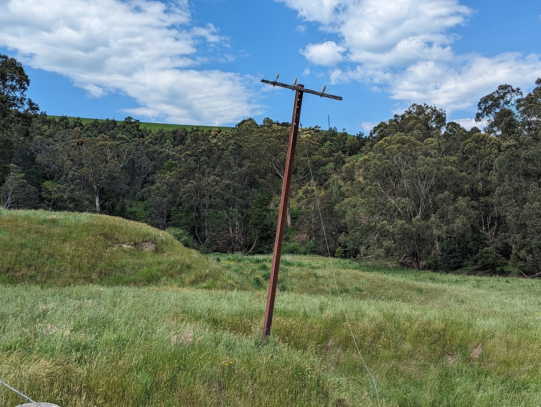 A run-down, disused, telegraph pole with a stay thats leaning to the right