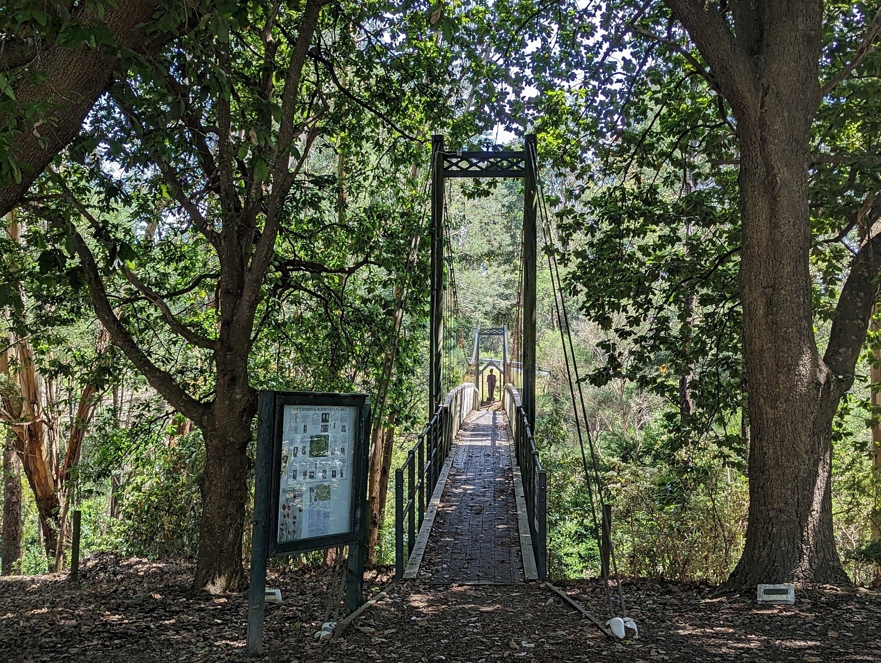 The entrance of a suspension bridge, with the towers roughly 3-4 metres high, and an information plaque to the left. The scene is in shade from what might be oak trees