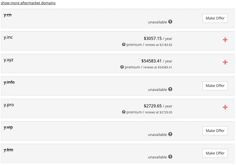 Screenshot of Porkbun prices for Y.co. Domains Y.inc for $3057.15, Y.xyz for $54583.41, and Y.pro for $2729.65 are available.