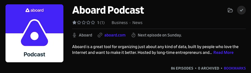 Screenshot of Pocketcasts web-app showing the Aboard Podcast with 1 star review and the tick indicating that I've subscribed to the podcast