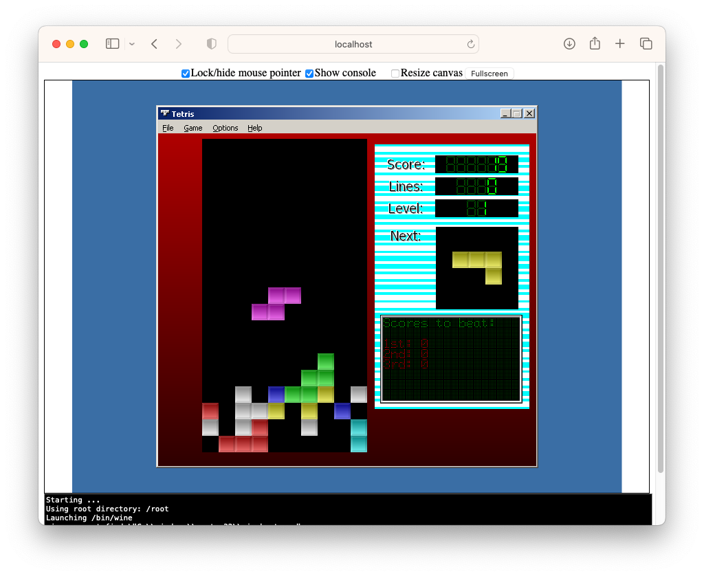 A screenshot of a Win32 Tetris clone running with BoxedWine running in Safari