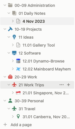 Screenshot of sections in Notion, organised in a Johnny.decimal style, with Administration, Projects, Work and Personal as top-level major sections
