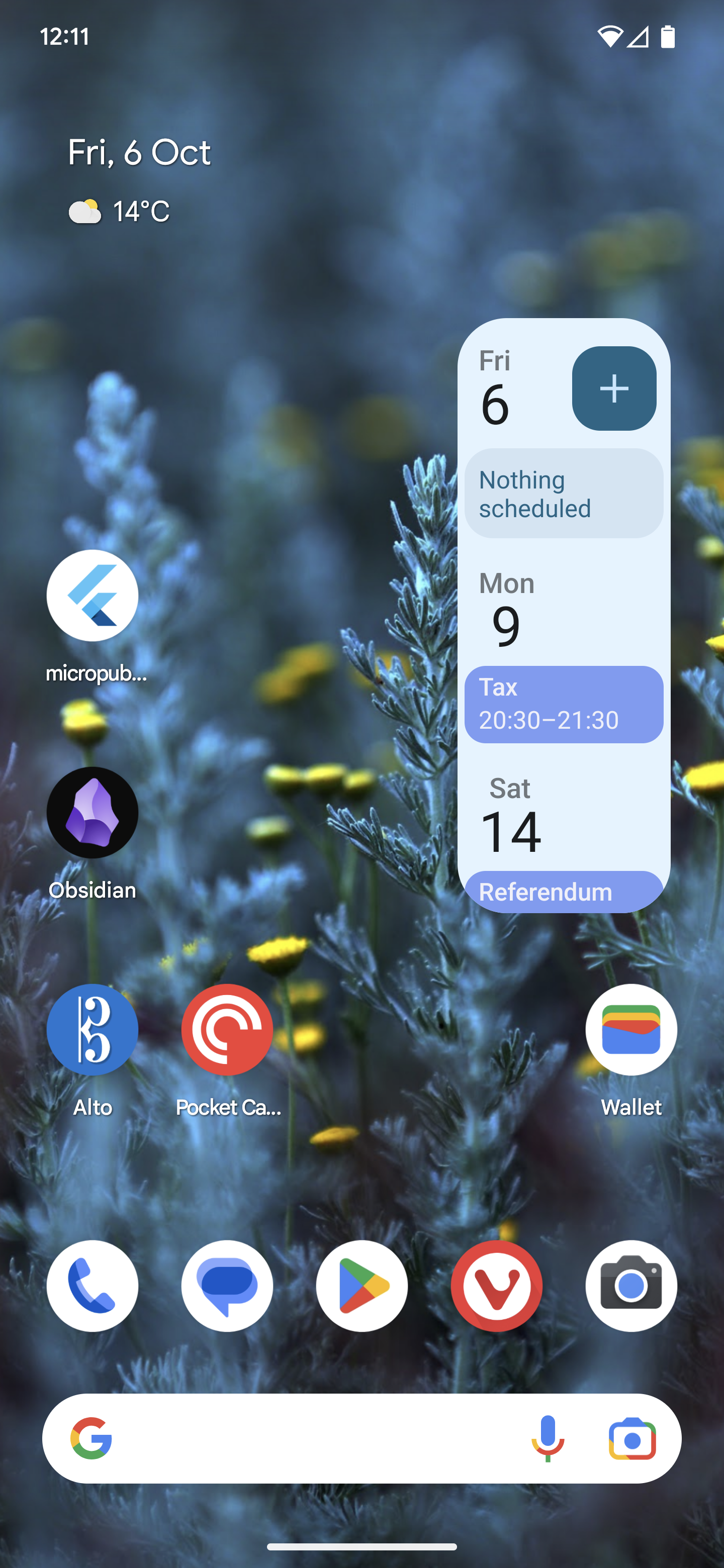 An Android phone screen with the same calendar widget functioning normally: it has the current date, a message saying 'Nothing scheduled', and two entries in blue for dates in the future