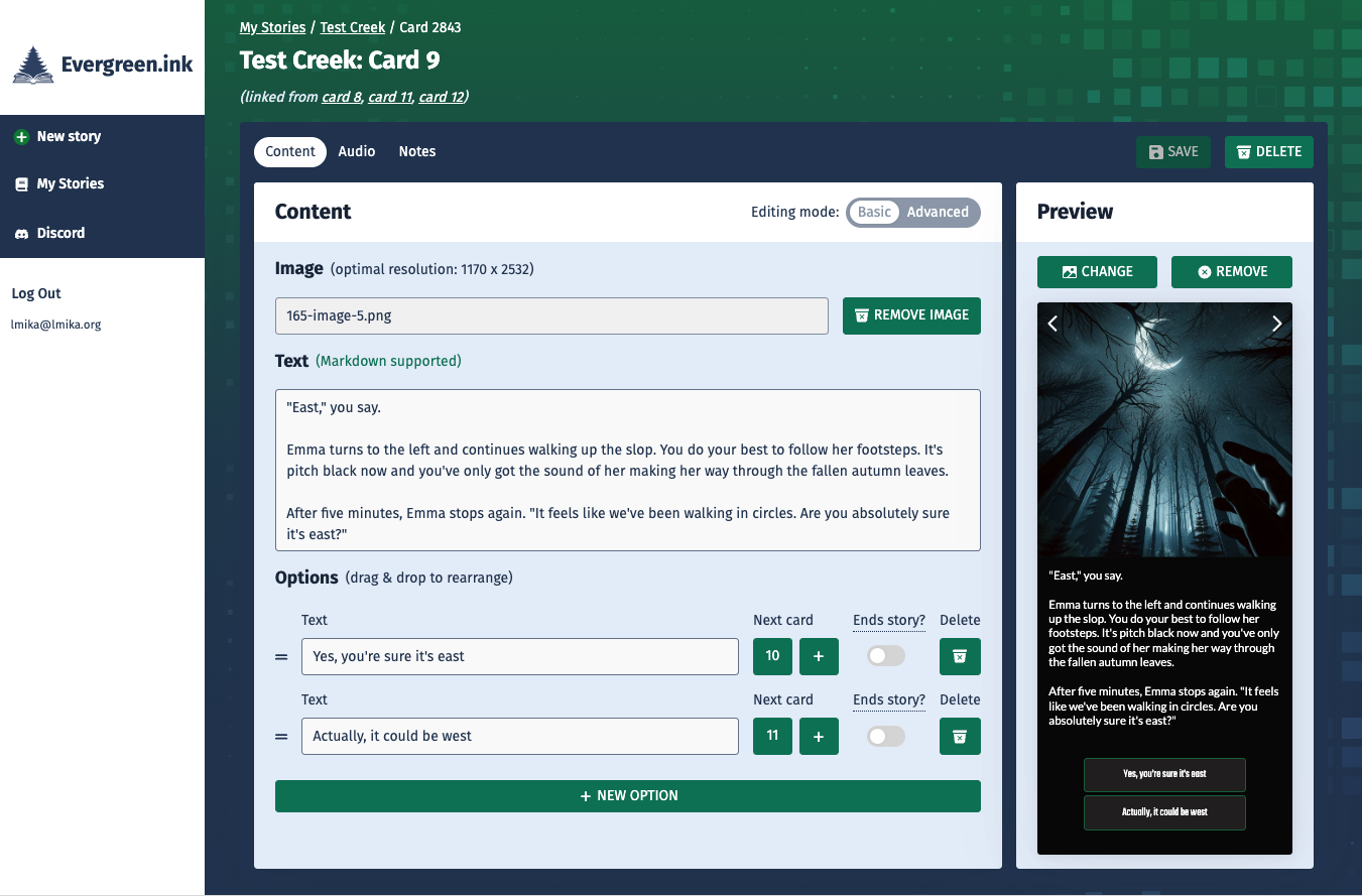 A screenshot of the Evergreen.ink editor, showing the contents of a card with two options and a preview on the right