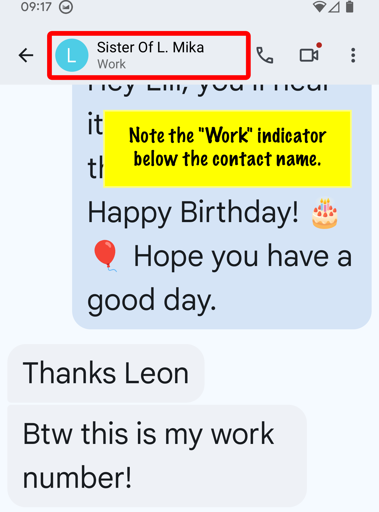 A message exchange shows a birthday greeting followed by a response clarifying the use of a work number. This is annotated with a red box around the heading, which has a 'Work' badge underneath the contact name. A sticky note below it has the message: note the 'Work' indicator below the contact name.