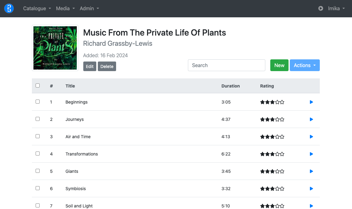 The album Music From The Private Life of Plants as it appears in Alto Catalogue, my music server