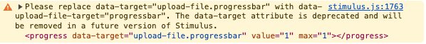 A deprecated warning message indicates the need to replace the data-target attribute in a progress bar with an updated Stimulus.js format.