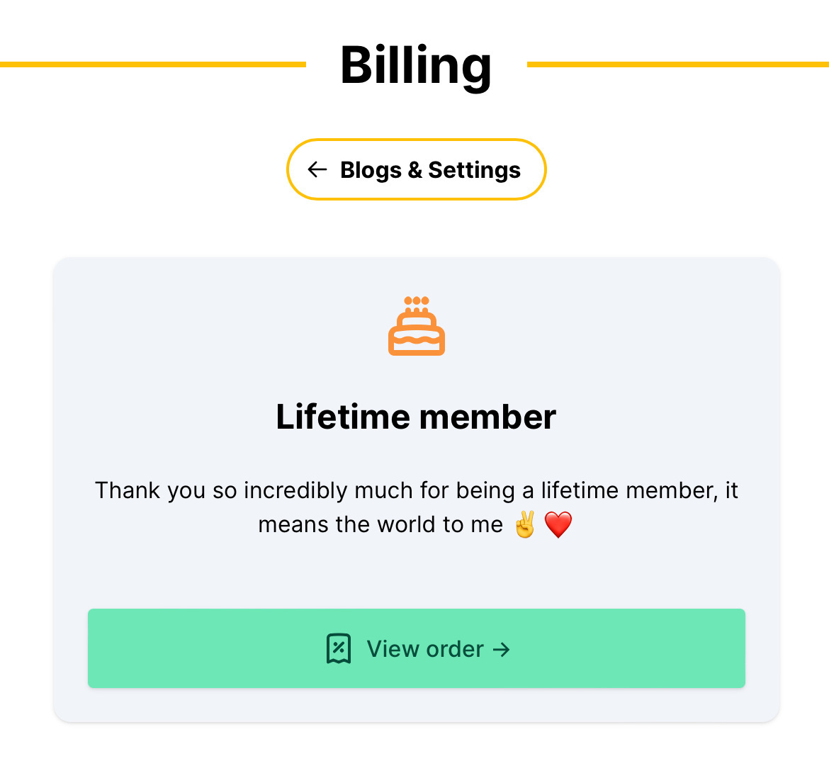 Screenshot of Scribbles billing screen with a ‘Lifetime member’ payment tier and thank you message.