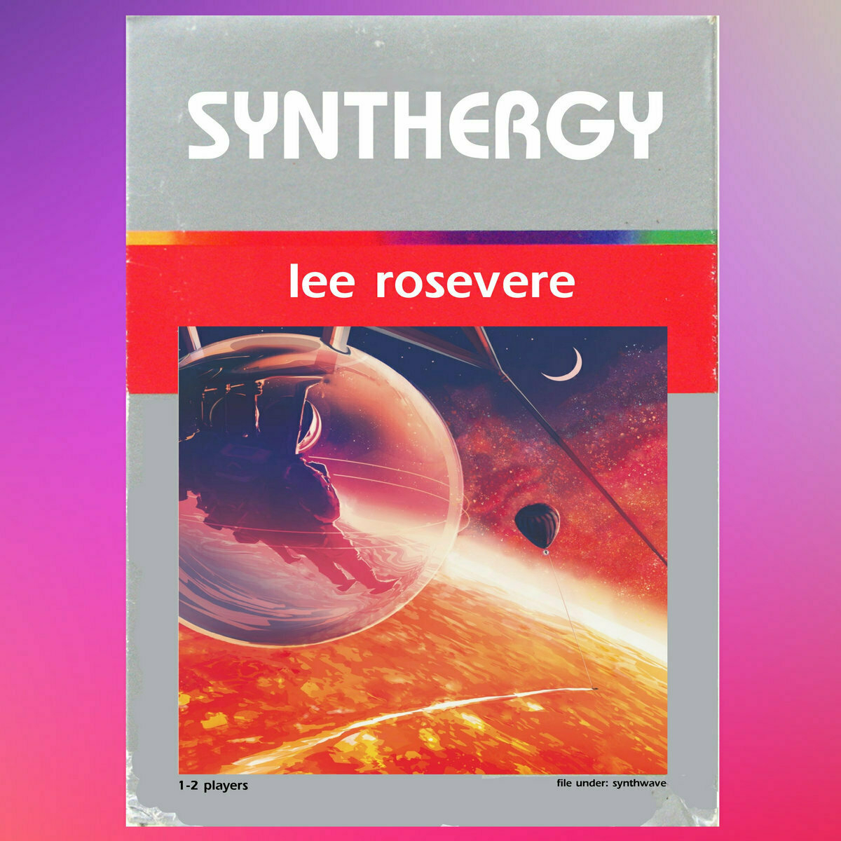 Album cover for Midnight Runner, by Lee Rosevere.  It depicts a retro-style video game cartridge, similar to that used for Atari 7600 games, which features the title 'Synthergy' with artwork depicting a futuristic cityscape and a large planet in the background.